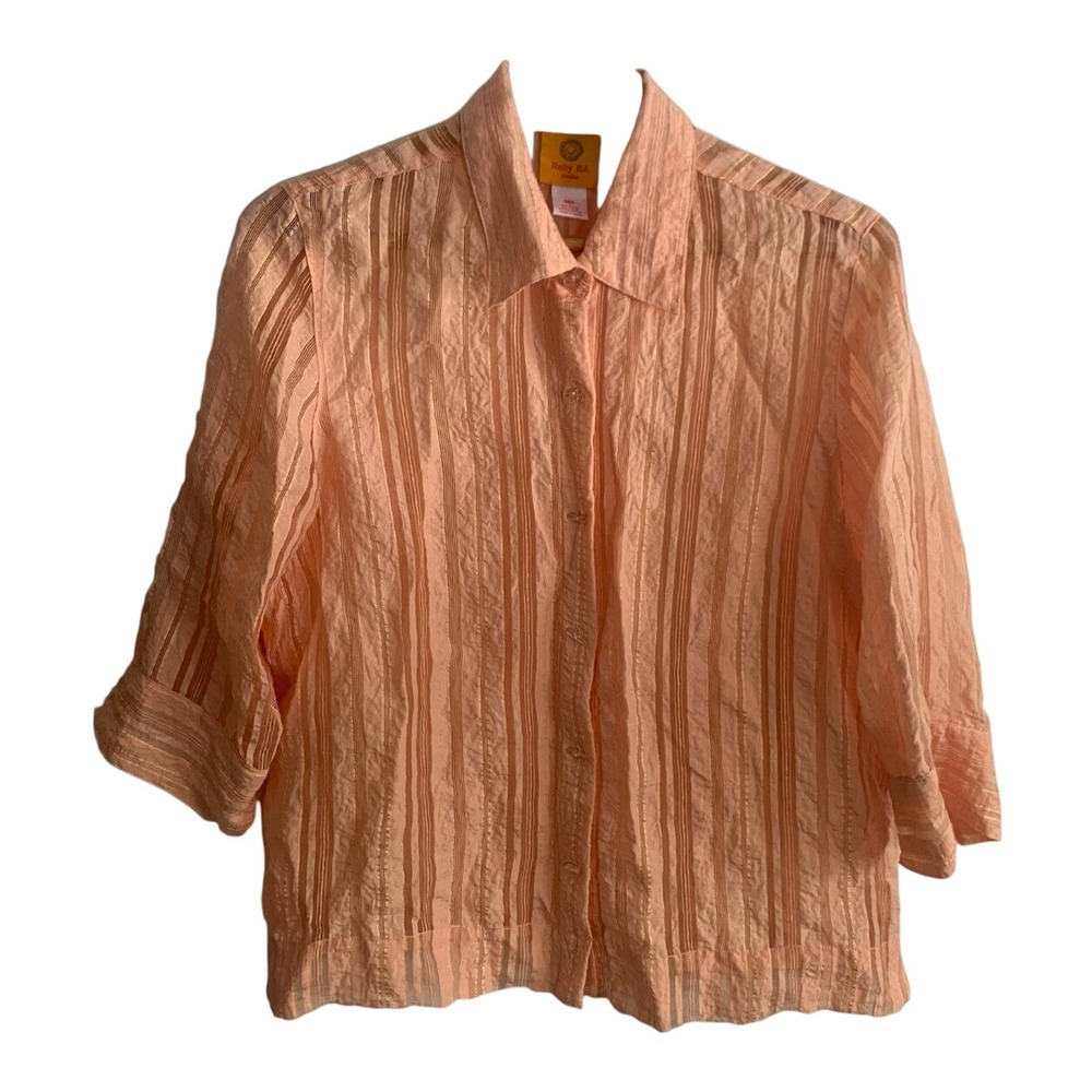 Fairy Dressy Casual Peach Striped Sheer Blouse 3/4 Sleeve Button Up blouse 12P
